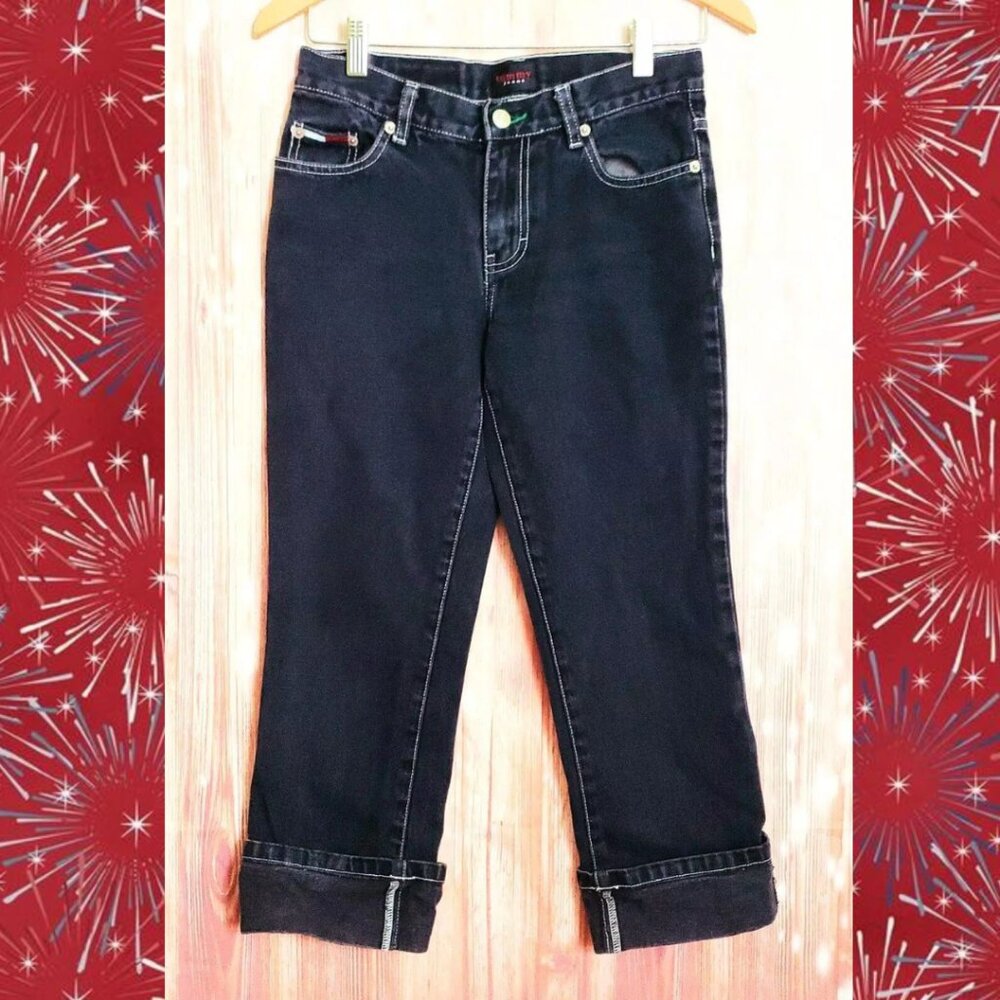 Vintage 2001 Y2K Tommy Hilfiger Cuffed Cropped Black Dark Denim Jeans Size 3
